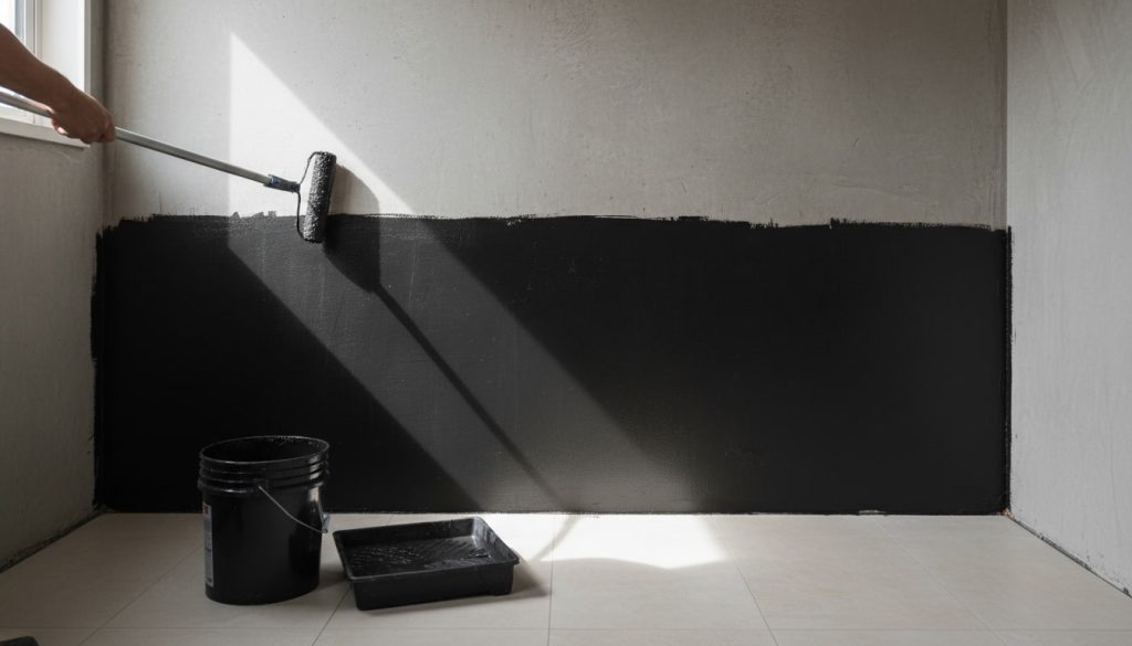 proses pelapisan waterproofing pada dinding kamar mandi menggunakan coating cair dan roller