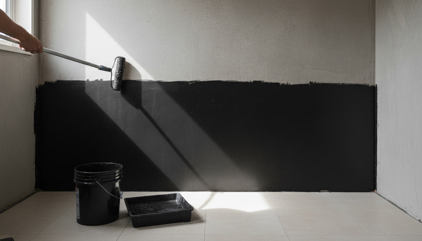 proses pelapisan waterproofing pada dinding kamar mandi menggunakan coating cair dan roller