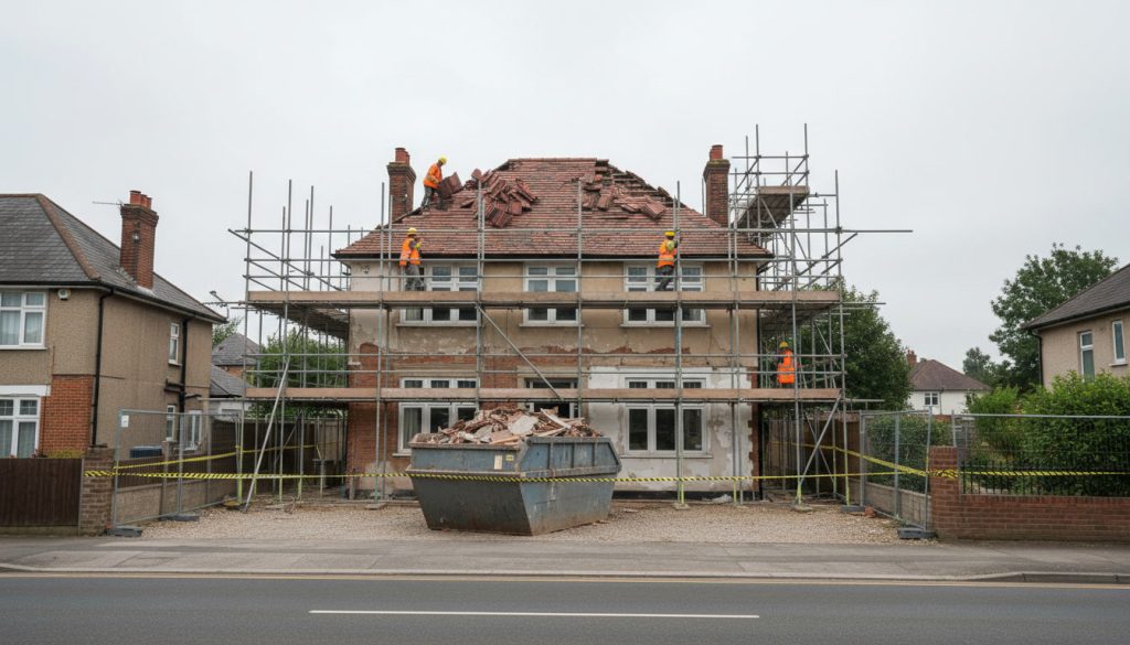 proyek renovasi rumah dua lantai aktif dengan scaffolding baja dan pekerja membongkar atap lama