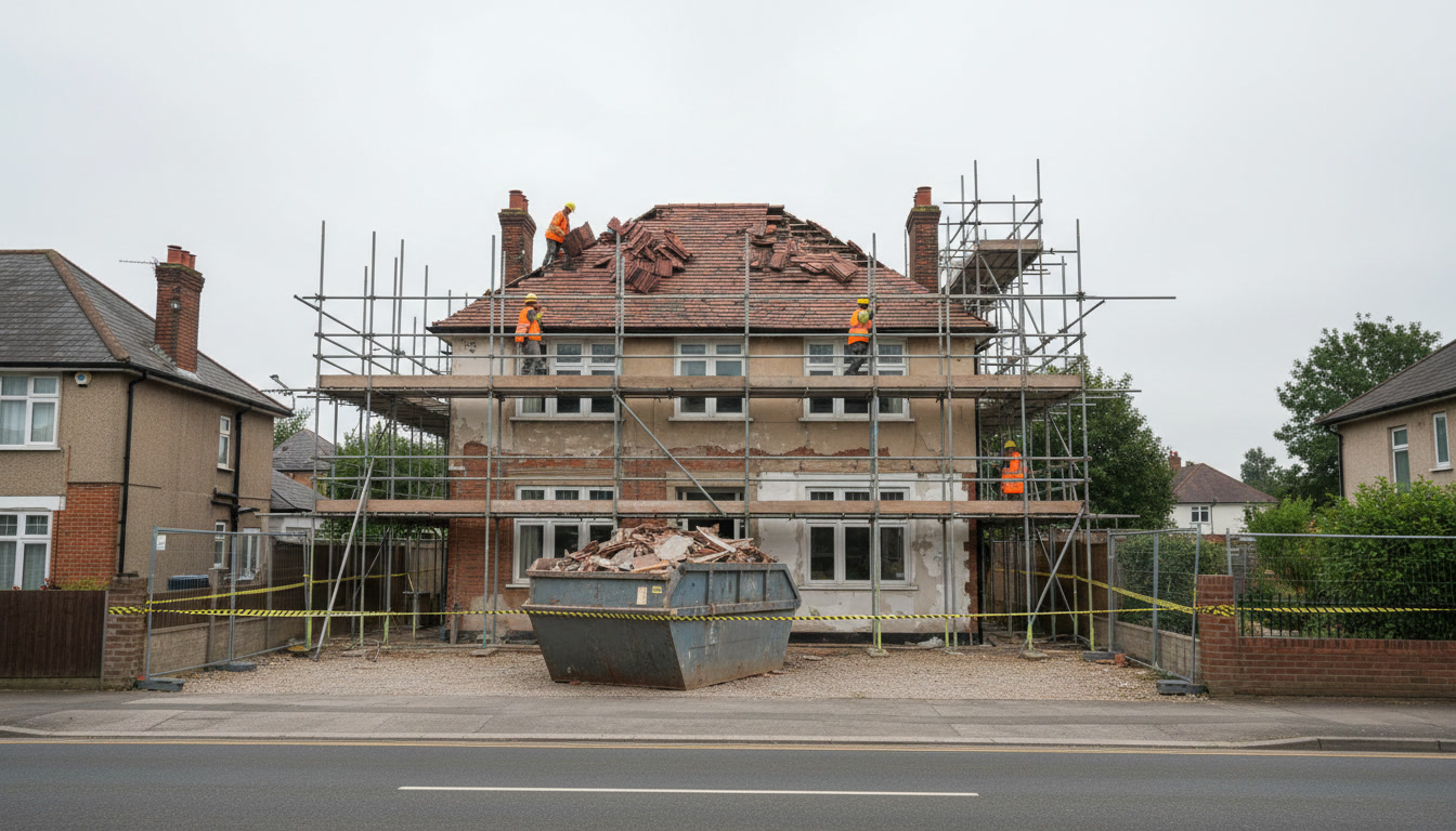 proyek renovasi rumah dua lantai aktif dengan scaffolding baja dan pekerja membongkar atap lama