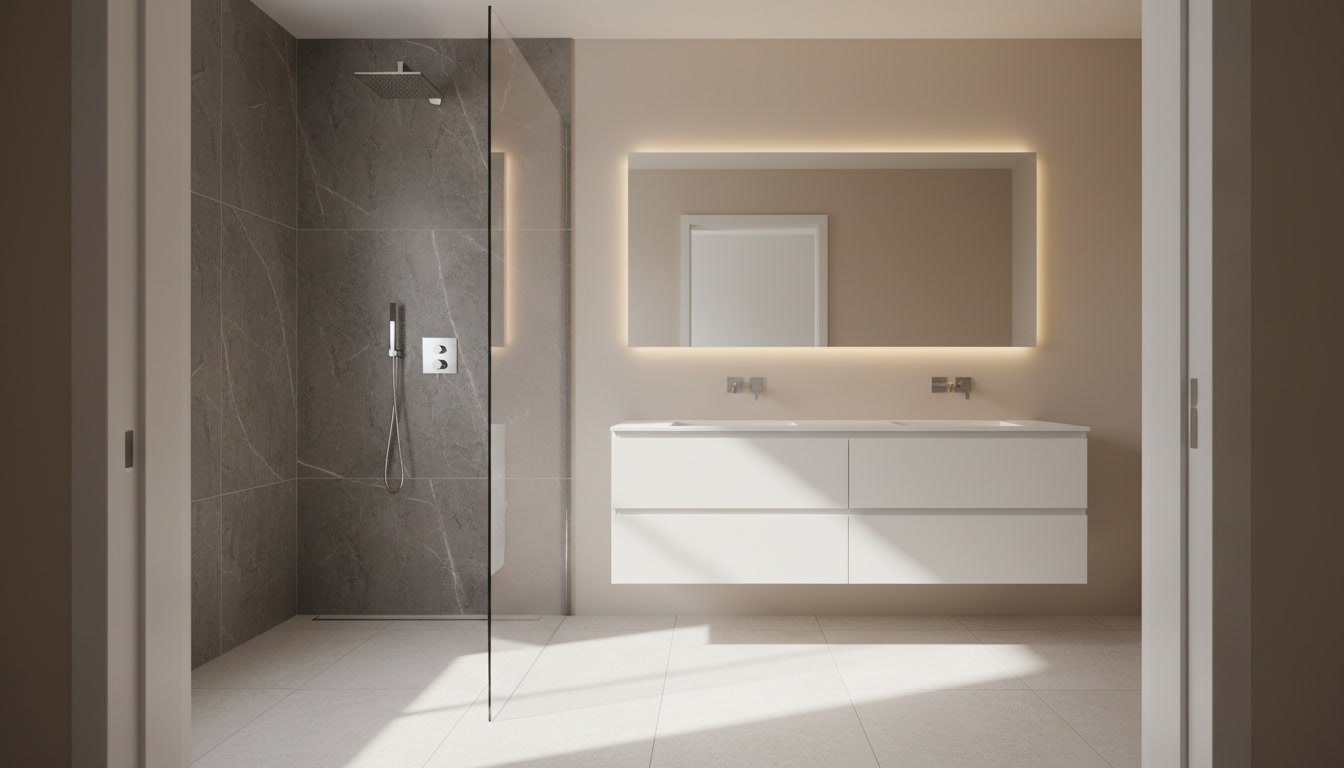 interior kamar mandi minimalis dengan shower kaca tanpa bingkai keramik marmer dan vanity gantung