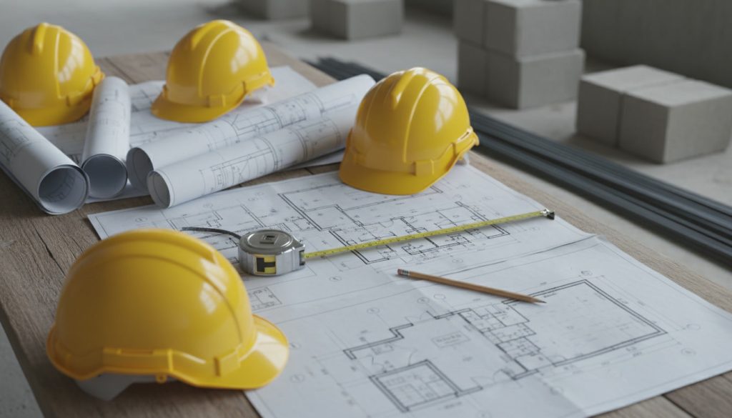 peralatan kontraktor renovasi rumah termasuk helm proyek blueprint dan alat ukur di meja kerja