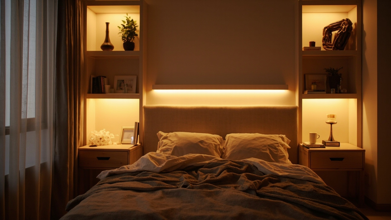 LED strip warm white pada cove plafon ruang tamu dengan garis cahaya lembut dan rapi