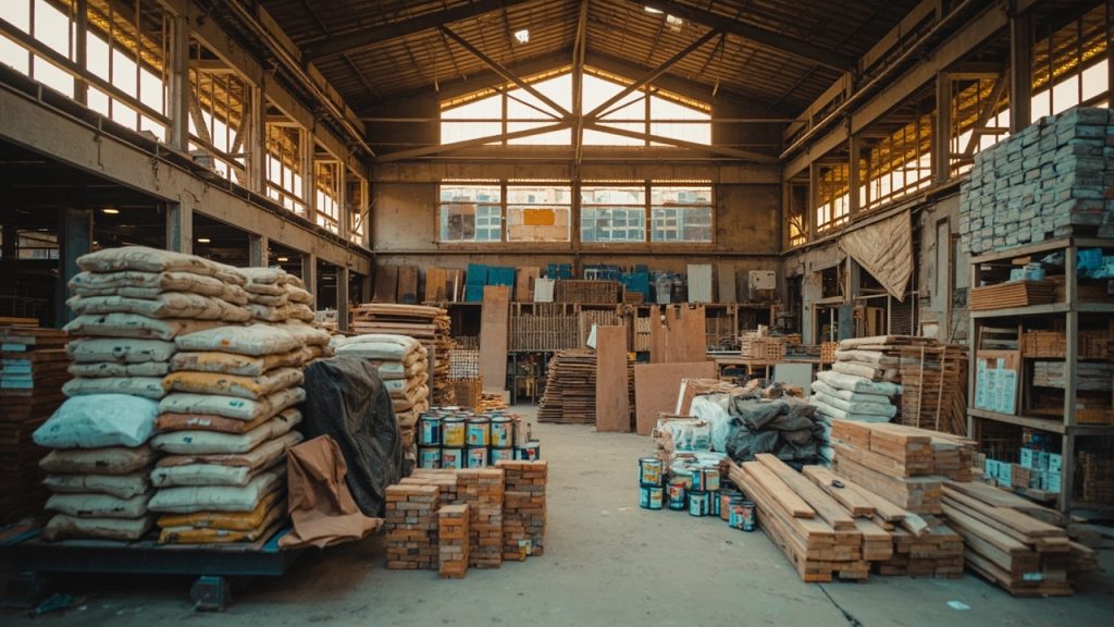 Material bangunan renovasi rumah di toko bangunan Indonesia dengan semen, bata ringan, keramik, dan baja ringan