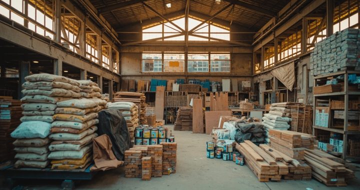 Material bangunan renovasi rumah di toko bangunan Indonesia dengan semen, bata ringan, keramik, dan baja ringan