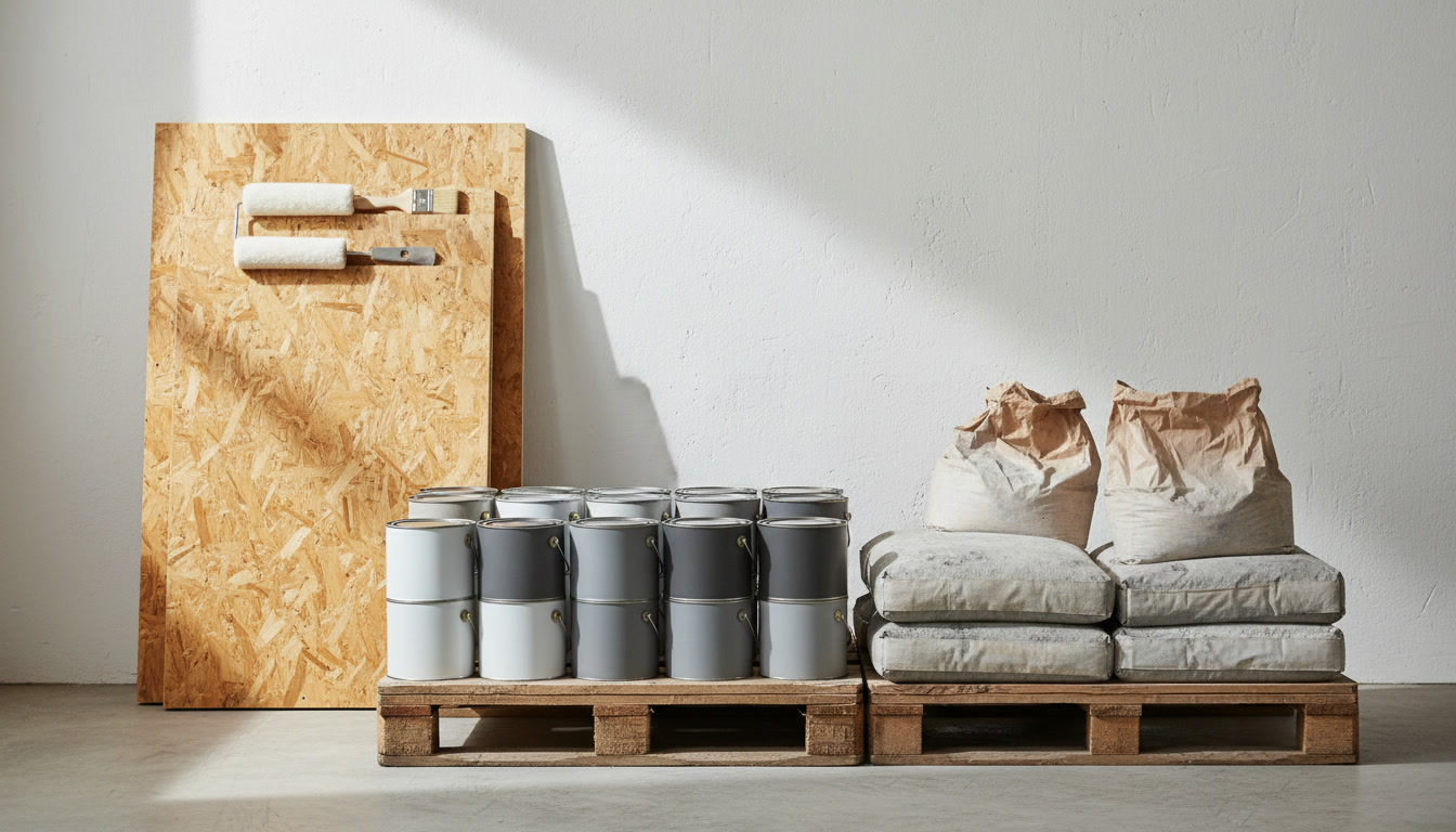 material finishing renovasi rumah plywood cat dinding dan semen ready-mix disusun di area proyek