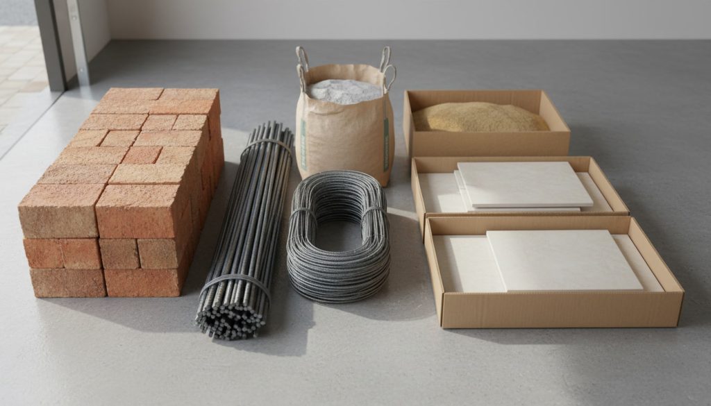 tumpukan material renovasi rumah berupa bata merah besi beton dan keramik lantai pada area proyek