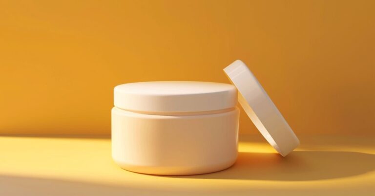Jar krim pelembap pada latar kuning hangat, moisturizer untuk kulit berminyak