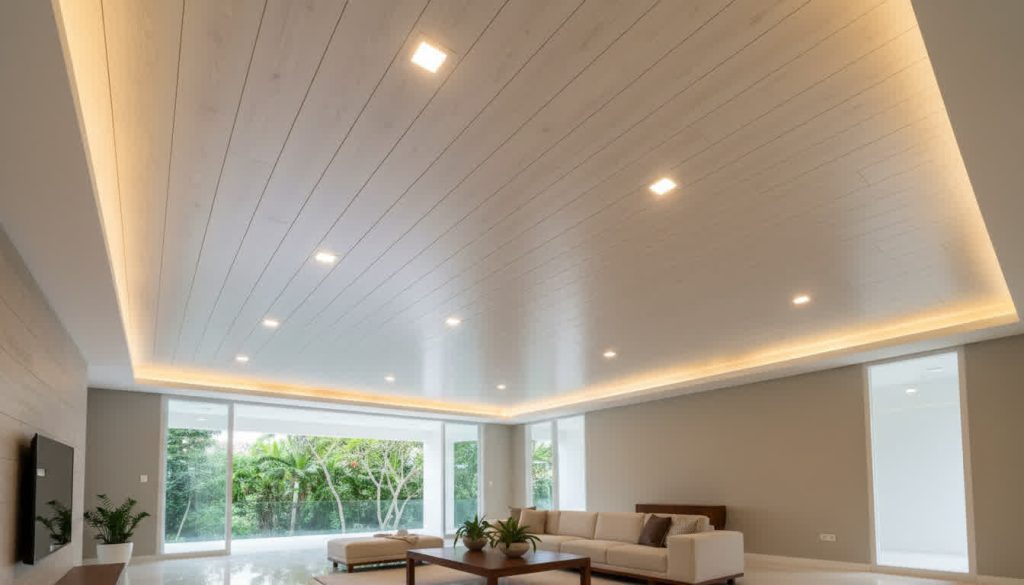 plafon PVC motif kayu ruang tamu