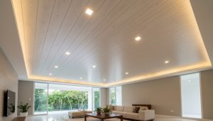 plafon PVC motif kayu ruang tamu