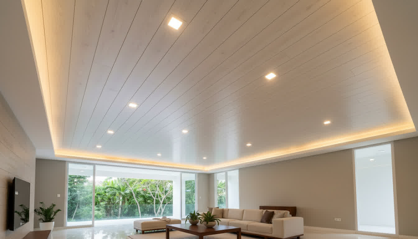 plafon PVC motif kayu ruang tamu
