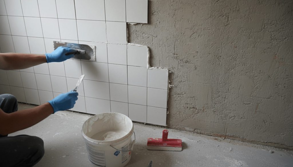 proses pemasangan keramik dinding dapur saat renovasi menggunakan semen perekat dan notched trowel