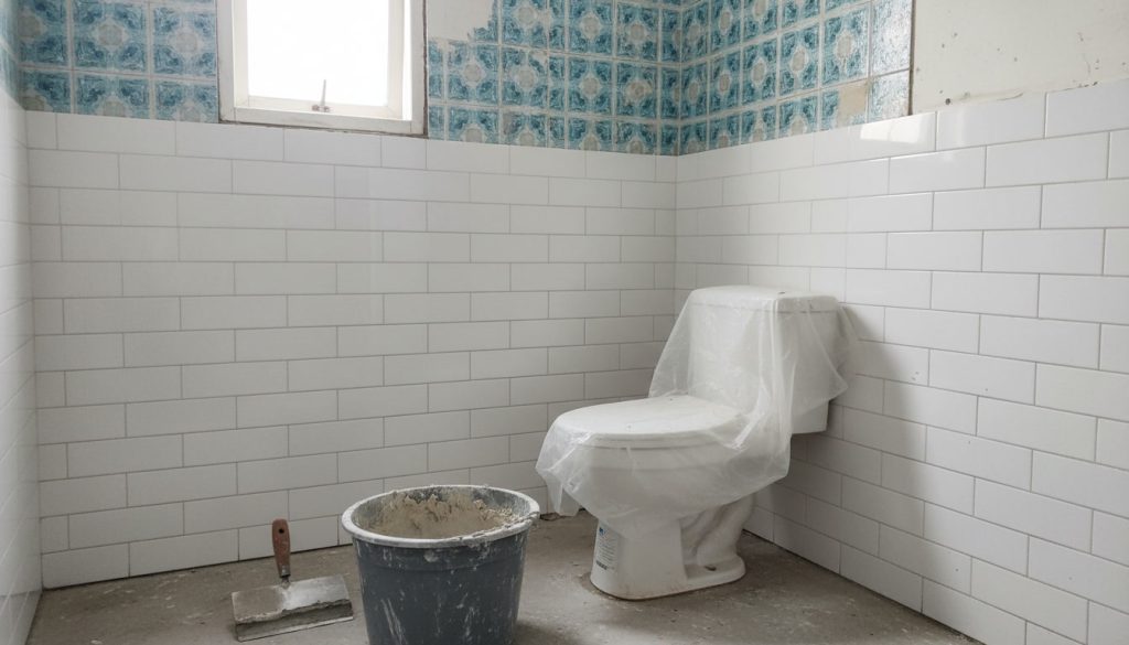 proses pemasangan keramik dinding kamar mandi saat renovasi menampilkan kontras area lama dan baru