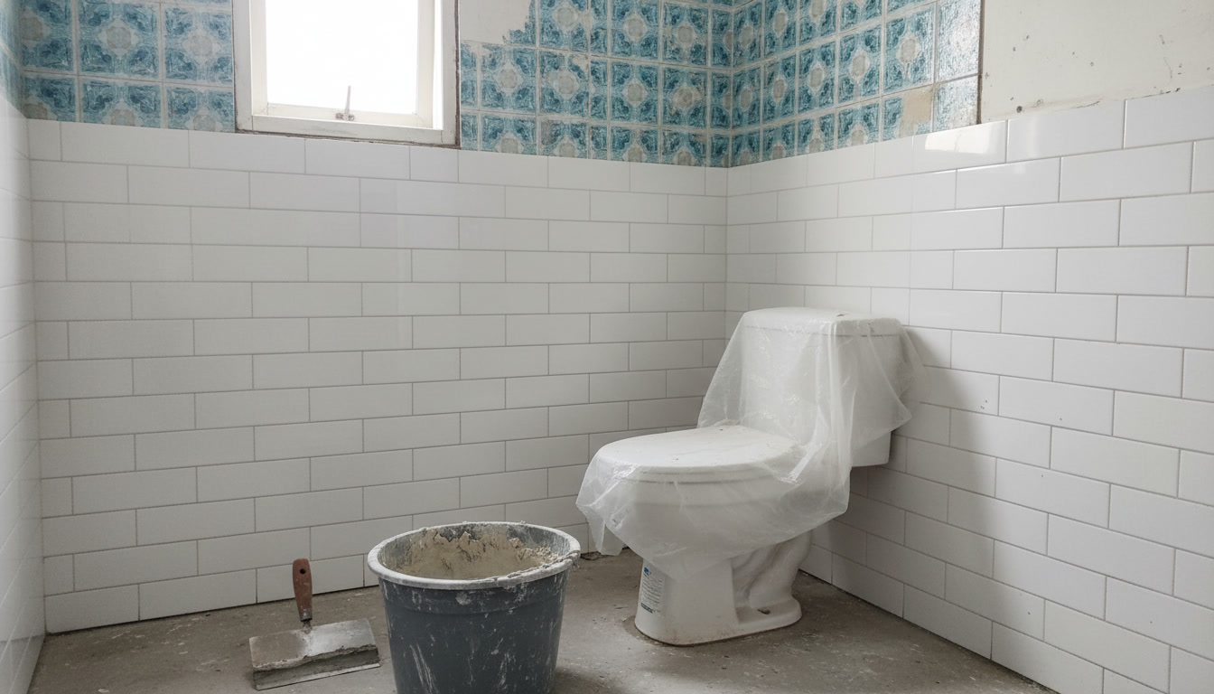 proses pemasangan keramik dinding kamar mandi saat renovasi menampilkan kontras area lama dan baru