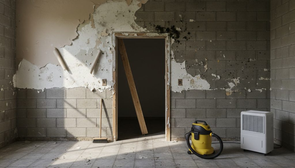 kondisi dinding rumah bekas banjir dengan garis noda air jamur dan cat mengelupas