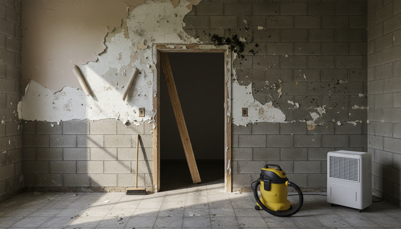 kondisi dinding rumah bekas banjir dengan garis noda air jamur dan cat mengelupas