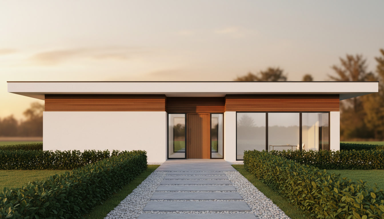 eksterior fasad rumah minimalis modern setelah renovasi dengan dinding putih panel kayu dan jendela kaca