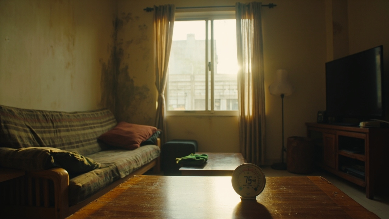 Ruangan rumah yang lembap dengan tanda jamur di sudut dinding dan ventilasi yang kurang memadai