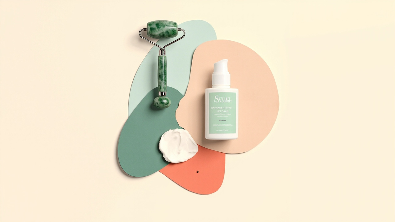 Ilustrasi flat-lay skincare dengan jade roller dan cleanser lembut untuk kulit berjerawat