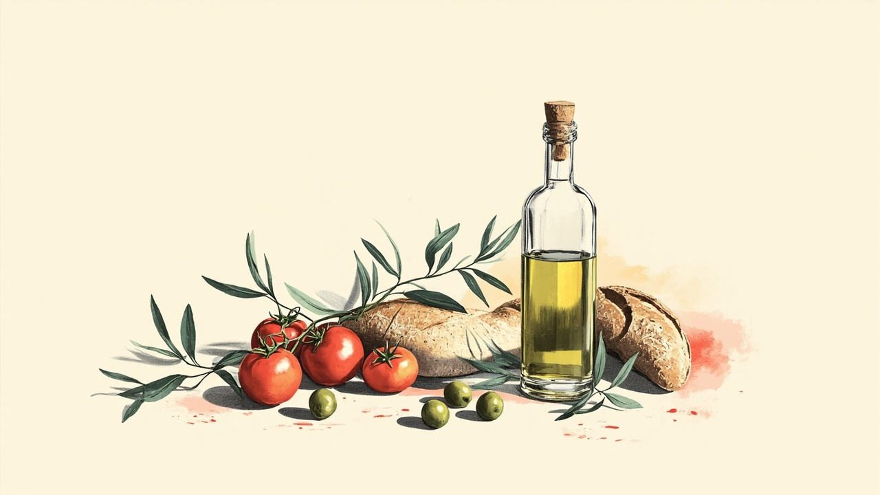 Ilustrasi flat-lay Mediterania dengan olive, minyak zaitun, tomat, dan roti gandum
