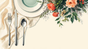 Ilustrasi hidangan catering pernikahan dengan centerpiece bunga di atas linen cream