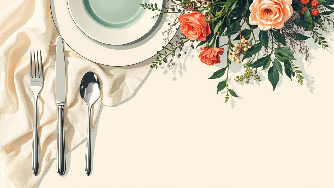 Ilustrasi hidangan catering pernikahan dengan centerpiece bunga di atas linen cream