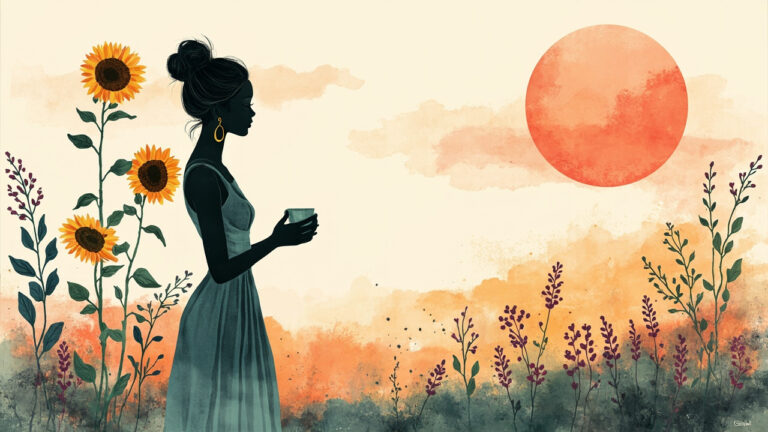 Ilustrasi siluet feminin di taman bunga untuk mengenali tanda menopause dan cara mengatasinya