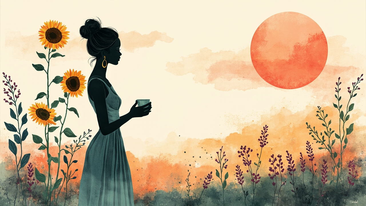 Ilustrasi siluet feminin di taman bunga untuk mengenali tanda menopause dan cara mengatasinya