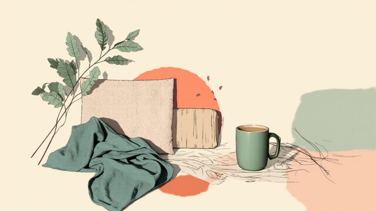 Ilustrasi flat-lay heating pad dan teh herbal untuk mengatasi nyeri haid