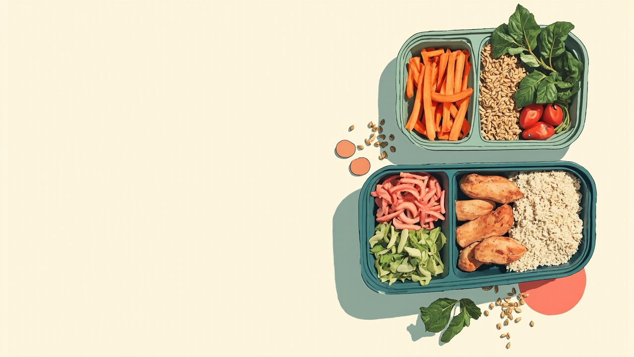 Ilustrasi meal-prep dengan porsi seimbang biji-bijian, sayuran, dan protein