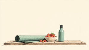 Ilustrasi mat yoga, botol air, dan mangkuk berries untuk olahraga dan diet seimbang