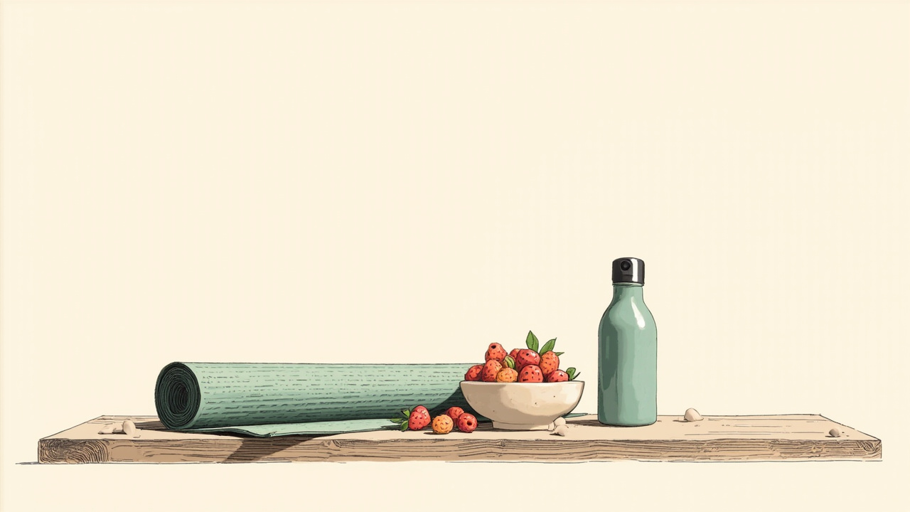 Ilustrasi mat yoga, botol air, dan mangkuk berries untuk olahraga dan diet seimbang