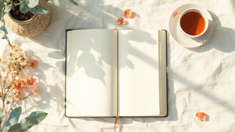 Ilustrasi jurnal dan teh chamomile untuk rutinitas skincare saat menstruasi