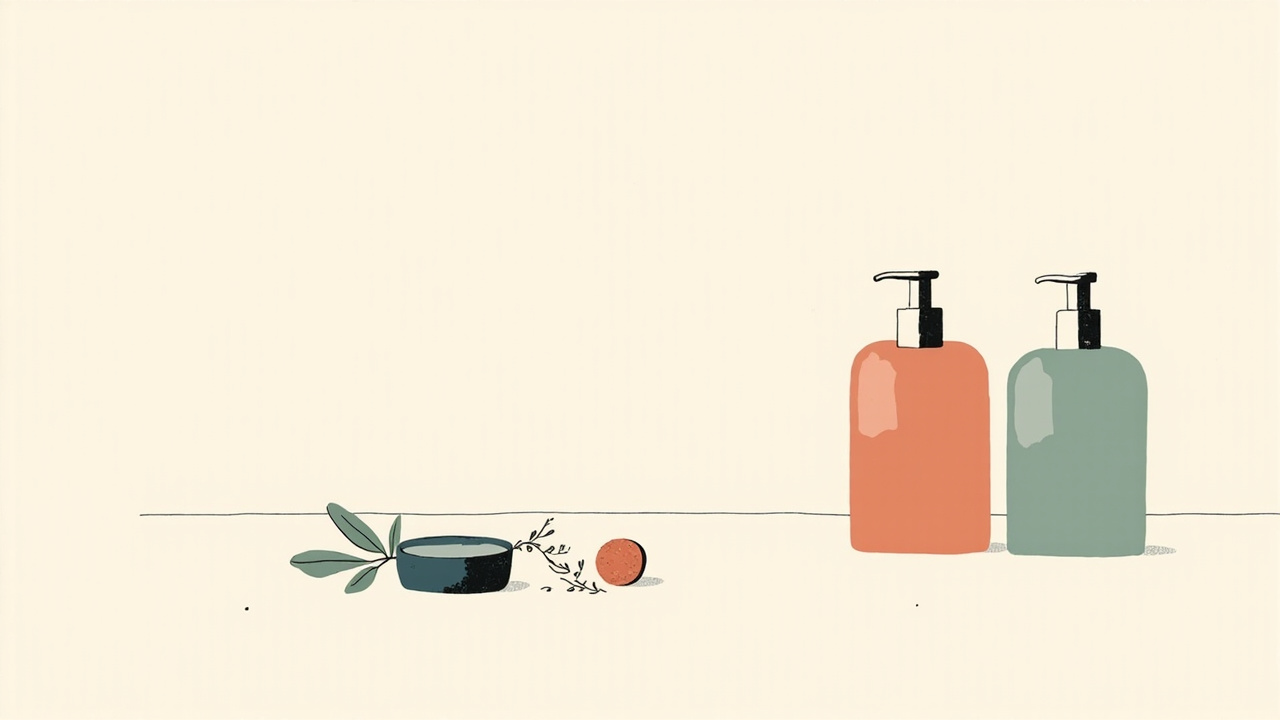 Ilustrasi dua botol skincare squalane dan ceramide pada permukaan cream