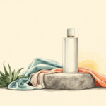 Ilustrasi botol sunscreen dengan lidah buaya untuk kulit sensitif dan mudah alergi