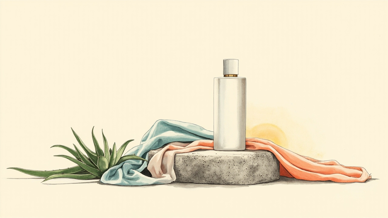 Ilustrasi botol sunscreen dengan lidah buaya untuk kulit sensitif dan mudah alergi