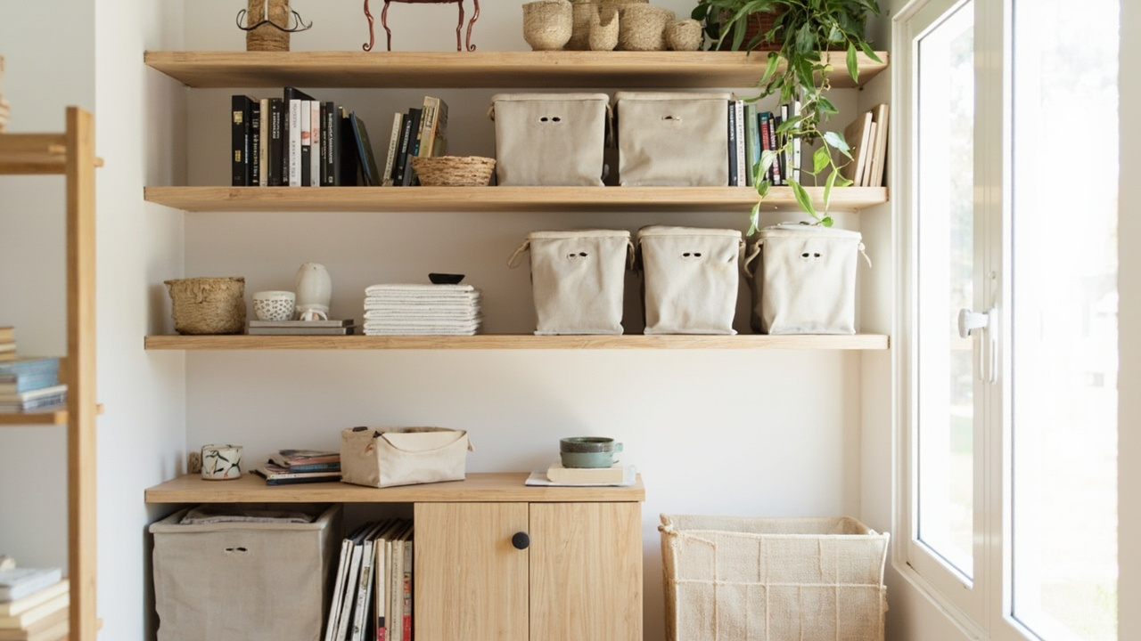 Sistem storage rak dinding minimalis untuk rumah kecil dengan organizing bin dan tanaman hias