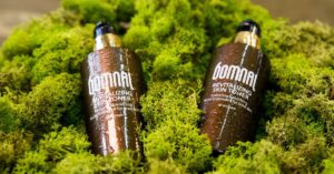 Botol toner pada latar hijau moss, produk toner untuk kulit berminyak